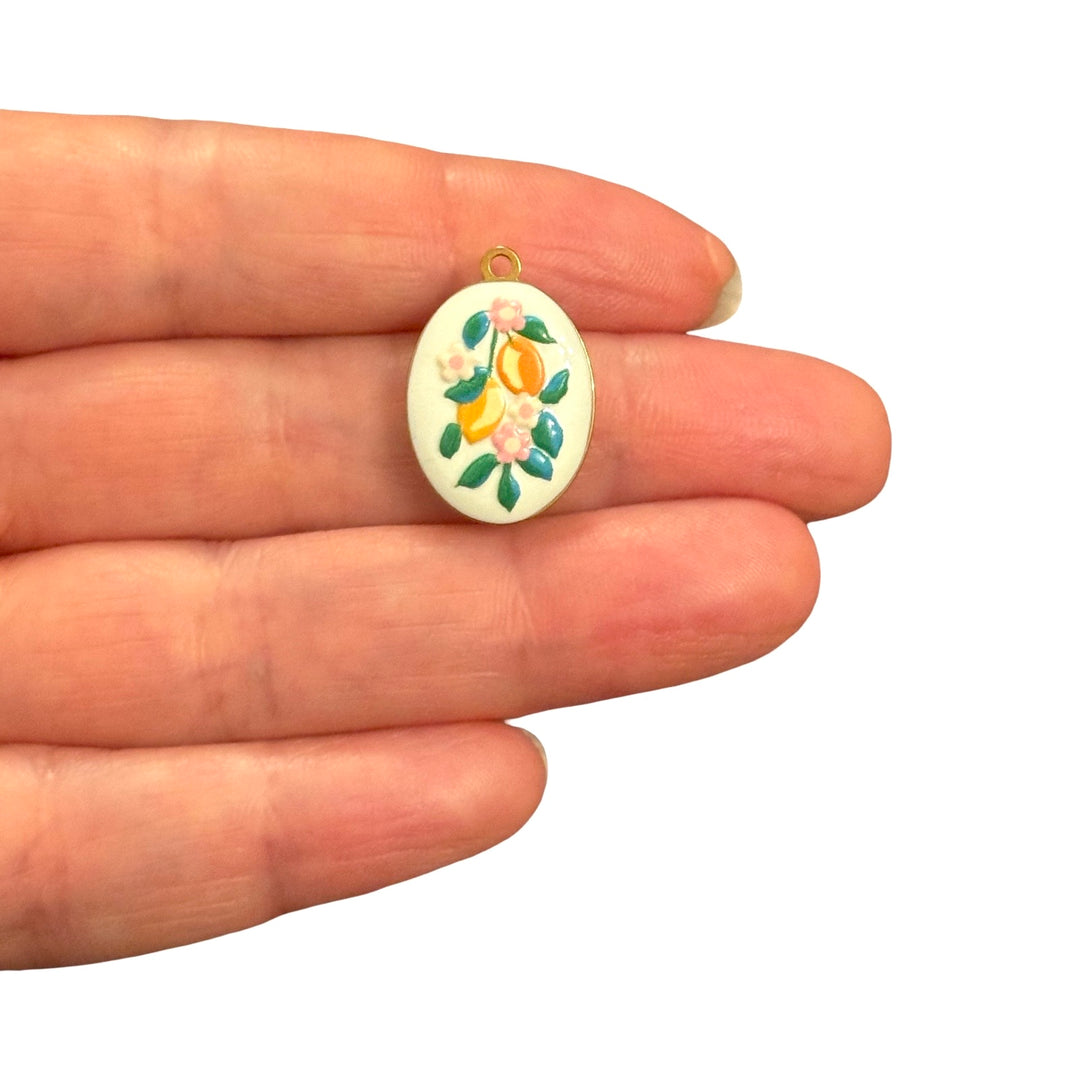 Waterproof 24Kt PVD Gold Plated Stainless Steel Lemon &amp; Flower Double Sided Enamel Charm – 22x15mm