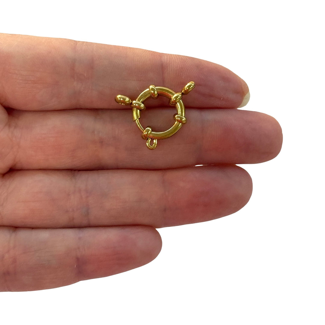 Waterproof Hypoallergenic Stainless Steel Ship Wheel Style Spring Ring Clasp – Gold, 14mm, Sold Individually