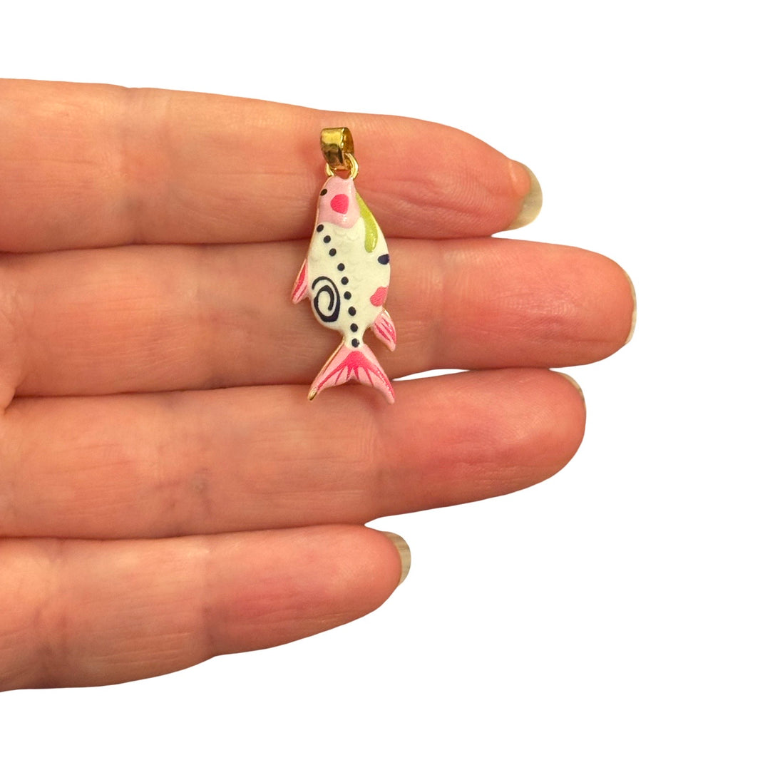 24Kt Gold Plated Pink &amp; Ivory Colourful Fish Enamel Pendant – 31x11mm