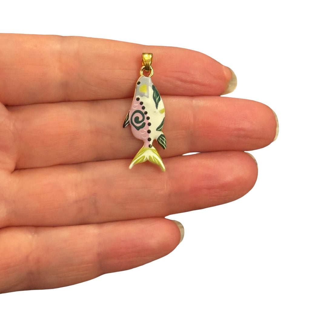 24Kt Gold Plated Green &amp; Ivory Colourful Fish Enamel Pendant – 31x11mm