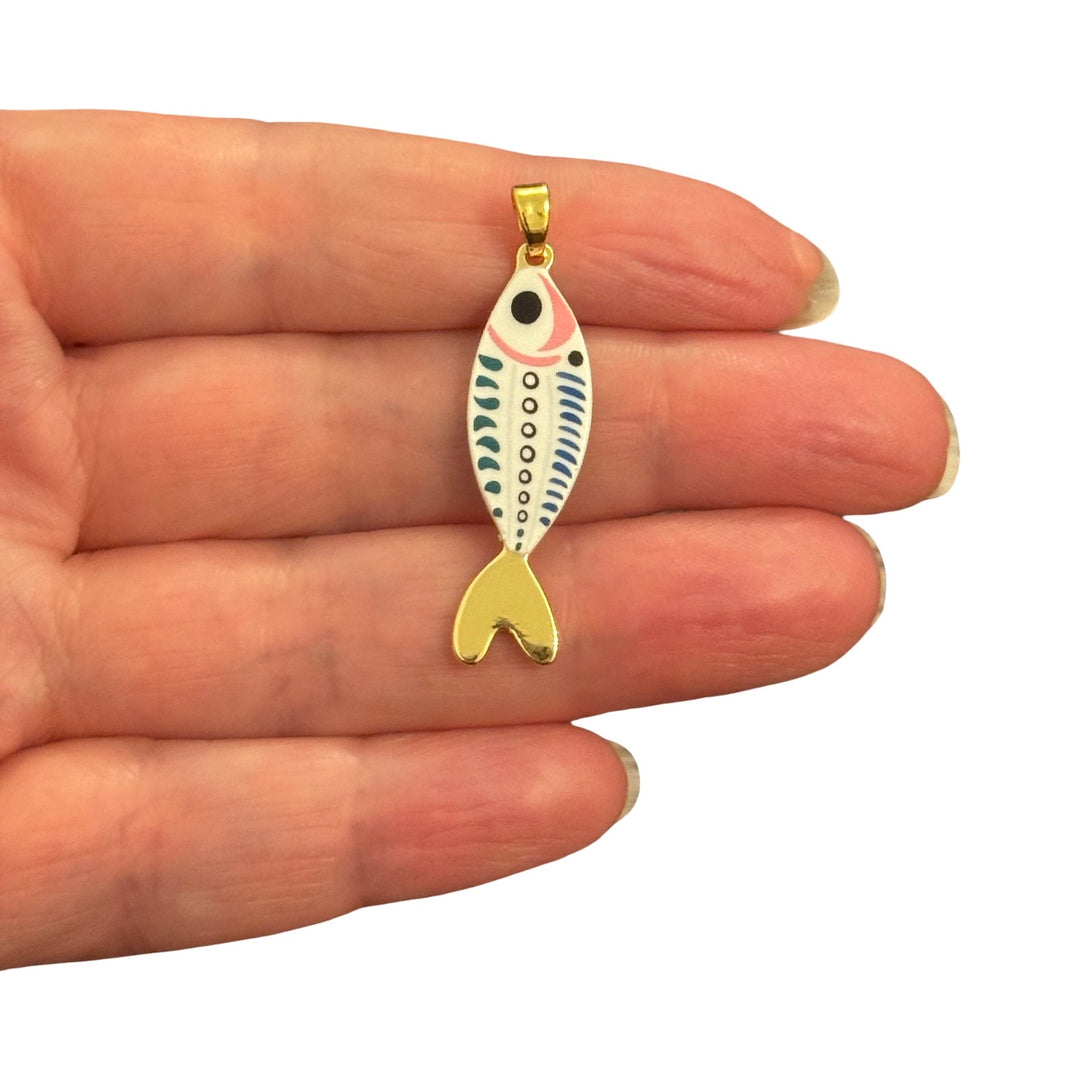24Kt Gold Plated Ivory &amp; Blue Fish Double Sided Enamel Pendant – 38x10mm