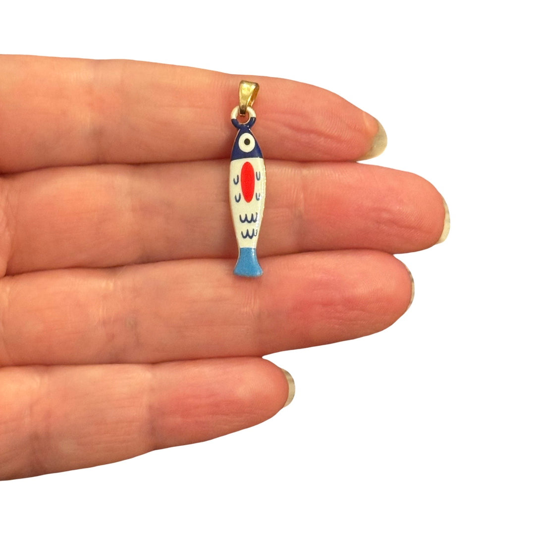 24Kt Gold Plated Blue Sardine Double Sided Enamel Pendant – 32x6mm