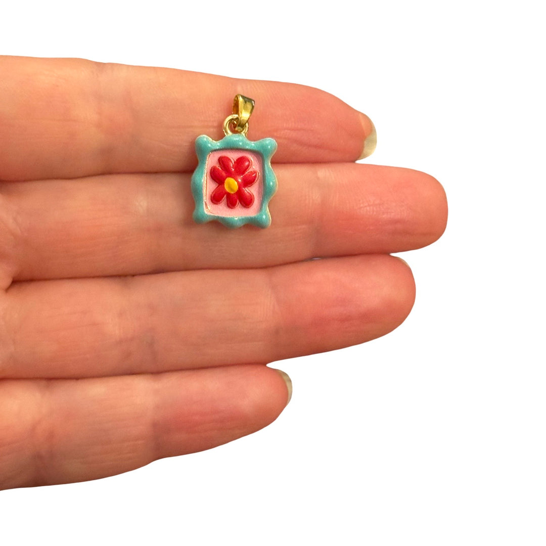 24Kt Gold Plated Turquoise &amp; Pink Flower Enamel Pendant – 25x15mm