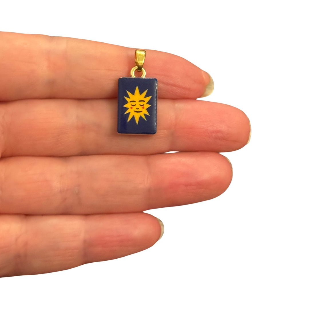 24Kt Gold Plated Navy Blue Sun Double Sided Enamel Pendant – 26x11mm