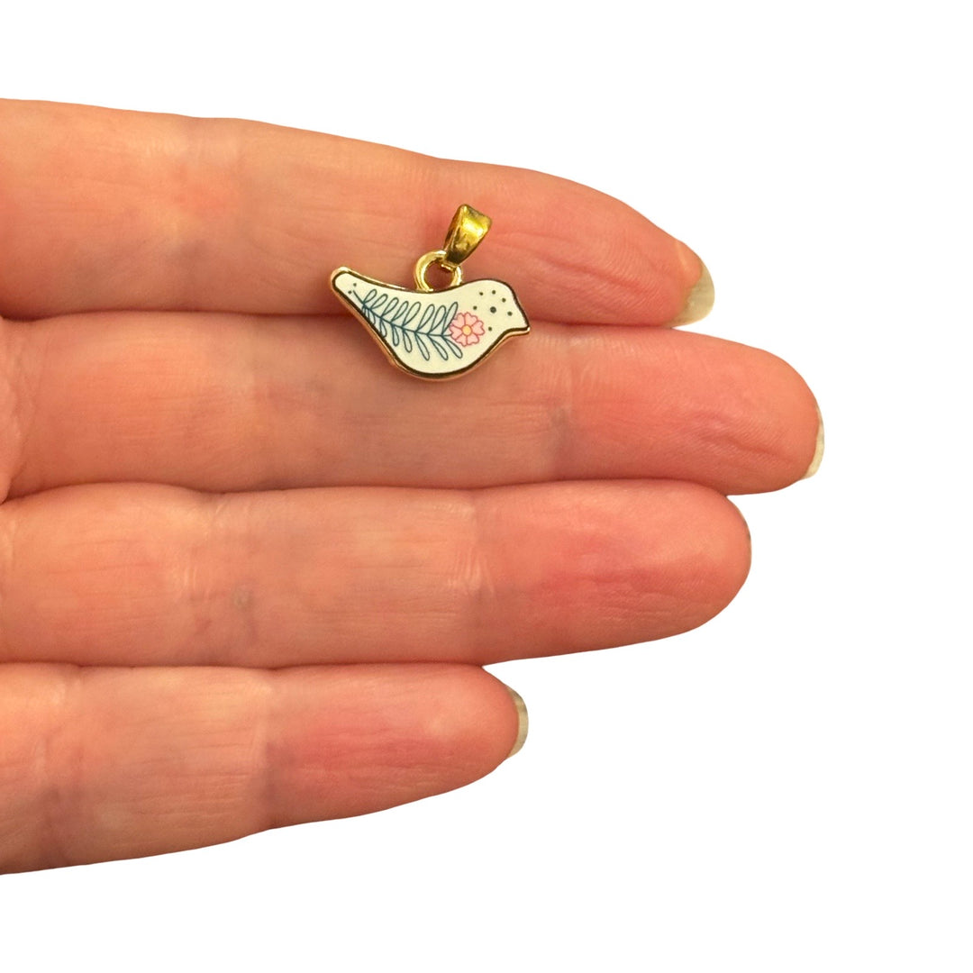 24Kt Gold Plated Floral Bird Double Sided Enamel Pendant – 15x18mm