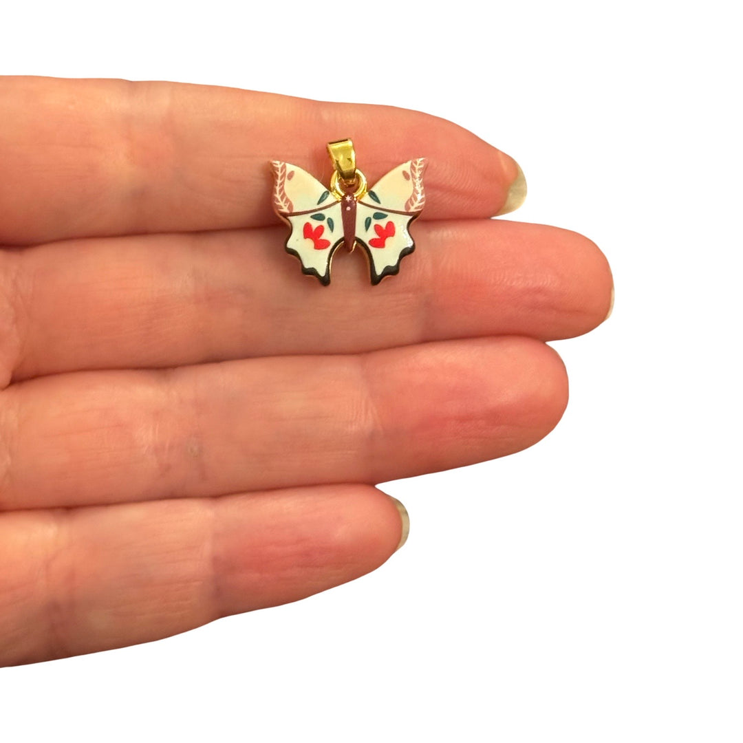 24Kt Gold Plated Floral Butterfly Double Sided Enamel Pendant – 18x18mm