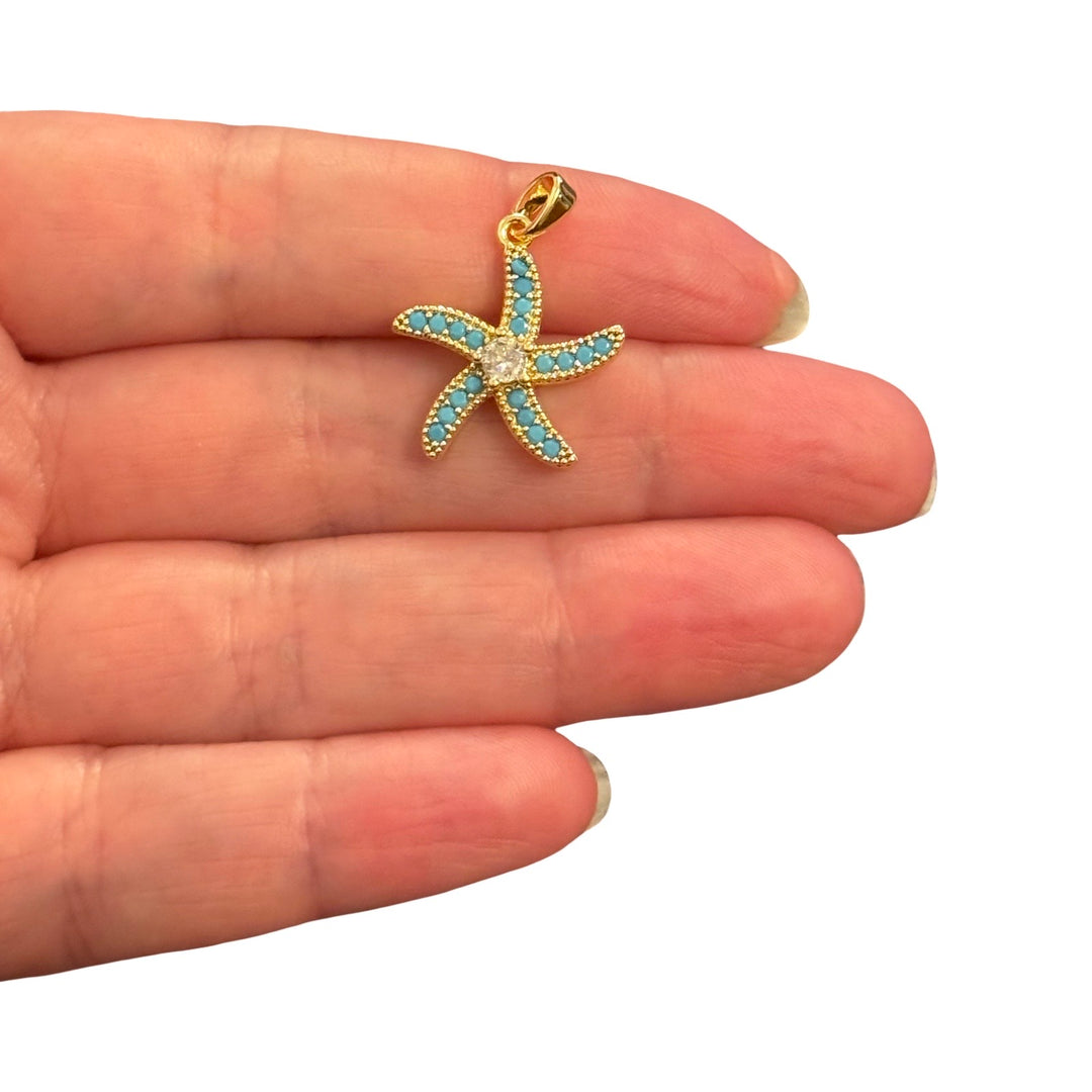 24Kt Gold Plated Turquoise &amp; Clear CZ Starfish Pendant – 25x18mm