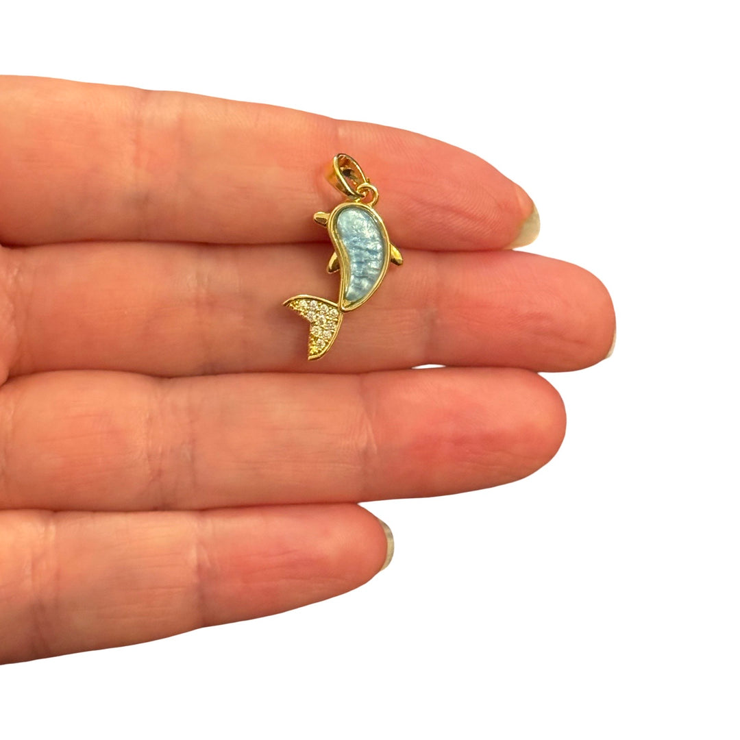 24Kt Gold Plated Blue Dolphin CZ Pendant – 26x12mm