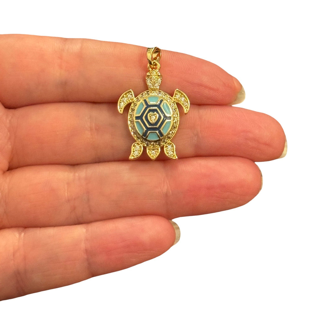 24Kt Gold Plated Turquoise Turtle CZ Pendant – 30x19mm