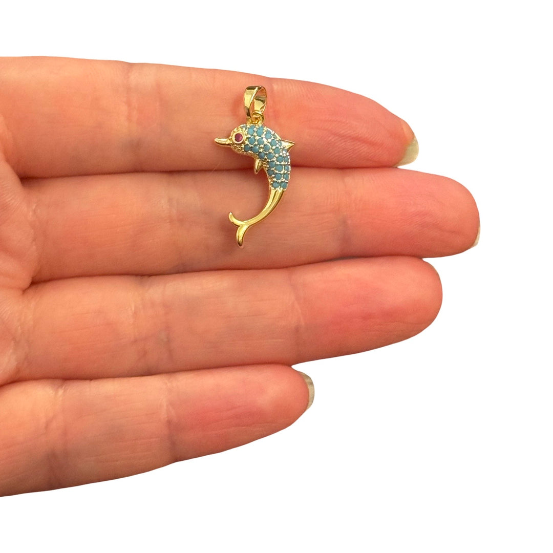 24Kt Gold Plated Turquoise Dolphin CZ Pendant – 26x8mm