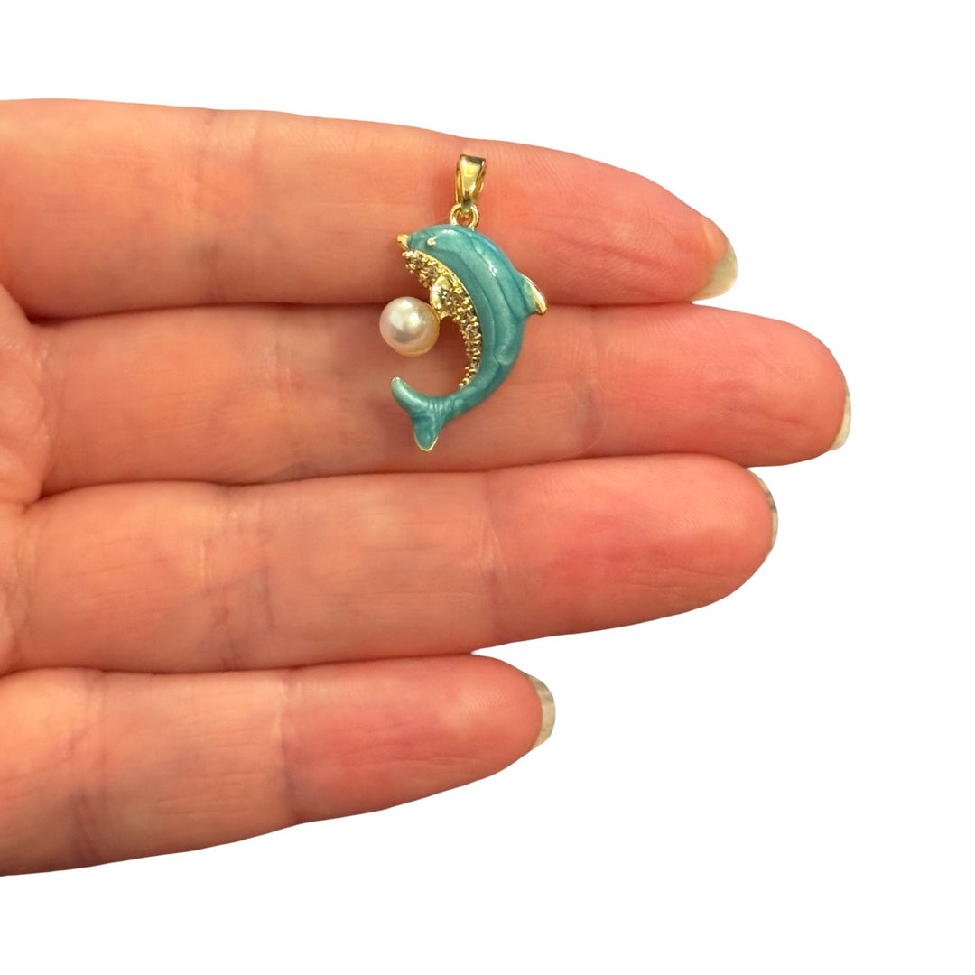 24Kt Gold Plated Turquoise Dolphin Pearl &amp; CZ Pendant – 26x17mm
