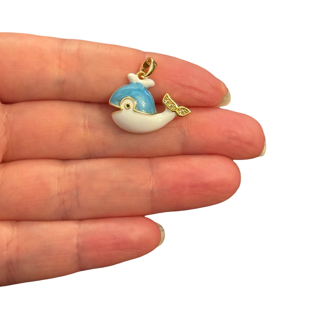 24Kt Gold Plated Blue &amp; Ivory Whale CZ Pendant – 21x20mm