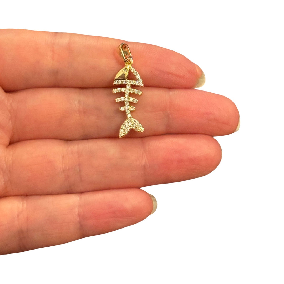 24Kt Gold Plated Fish Skeleton CZ Pendant – 30x10mm