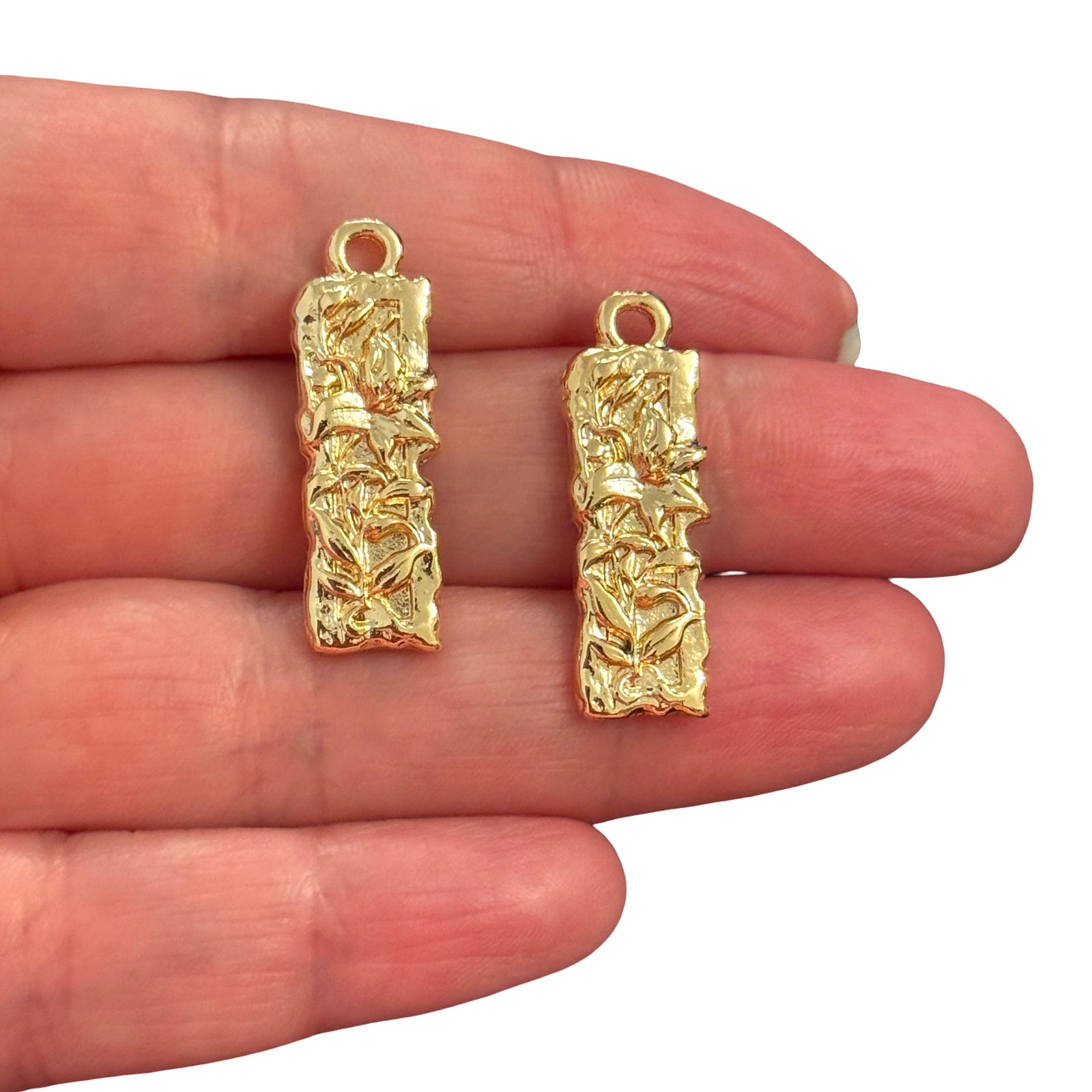 24Kt Gold Plated Lily Flower Charms – Textured Rectangle Pendant (29x10mm, 2 pcs)