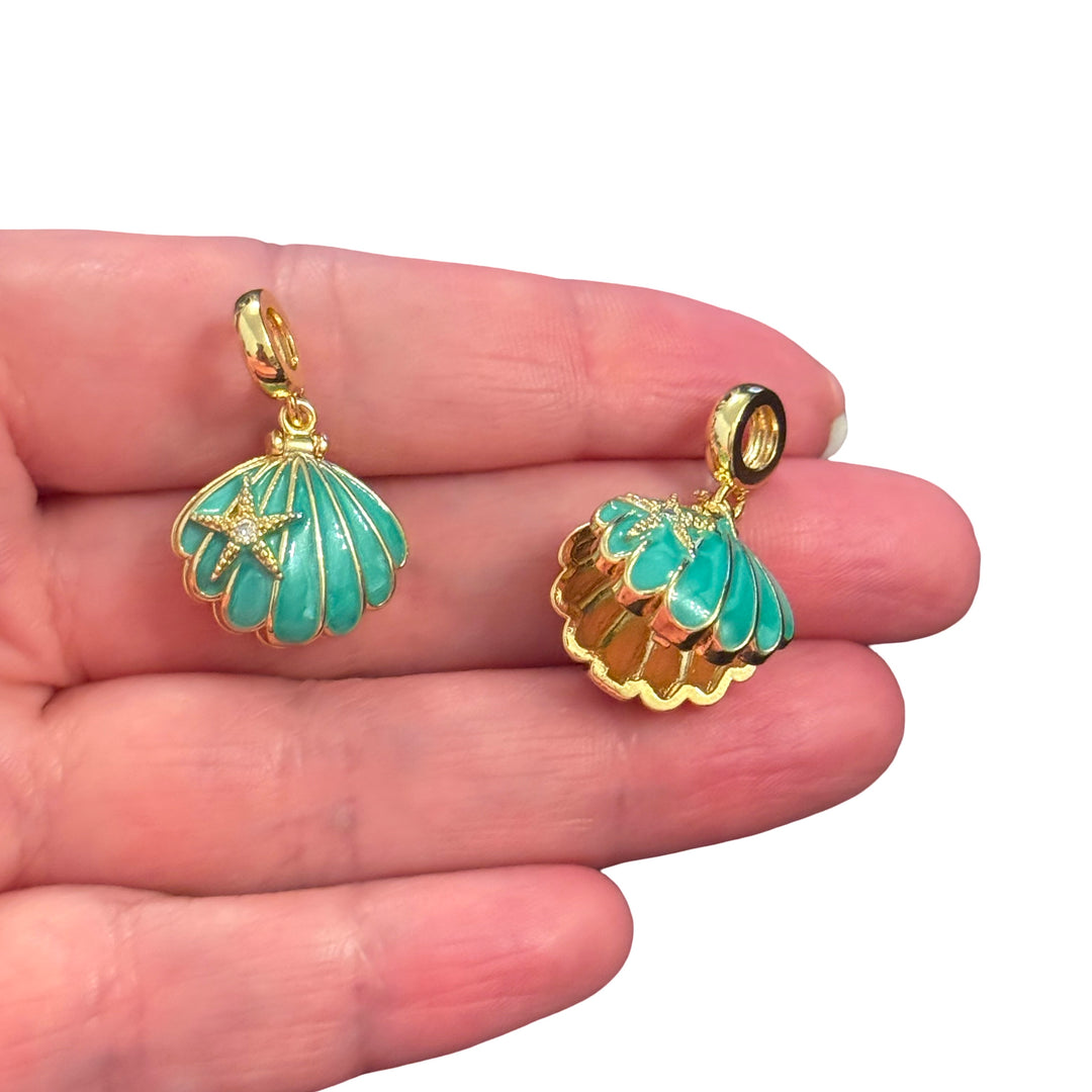 Gold Enamel Locket Shell Pendant with CZ Starfish – Turquoise