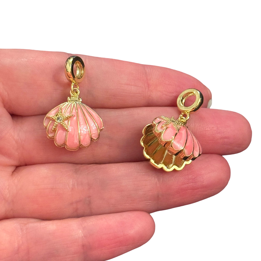 Gold Enamel Locket Shell Pendant with CZ Starfish – Coral Pink