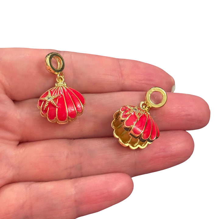Gold Enamel Locket Shell Pendant with CZ Starfish – Vibrant Red
