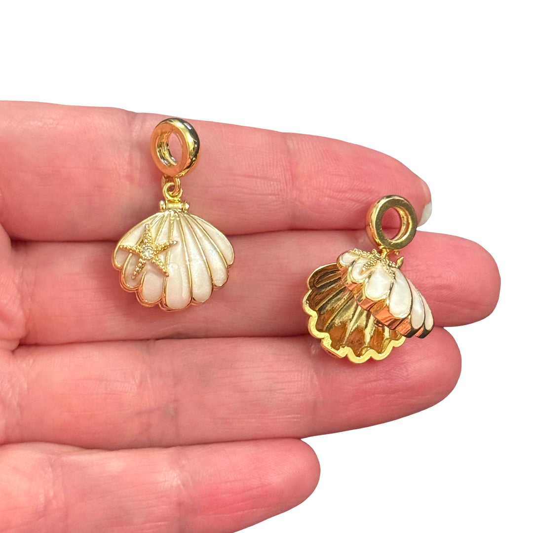Gold Enamel Locket Shell Pendant with CZ Starfish – Ivory