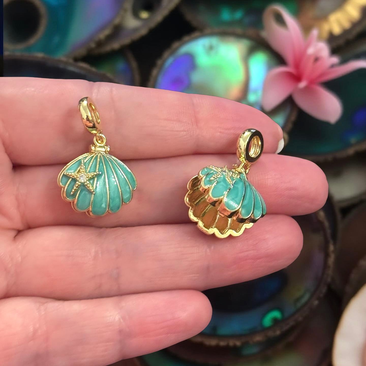 Gold Enamel Locket Shell Pendant with CZ Starfish – Turquoise