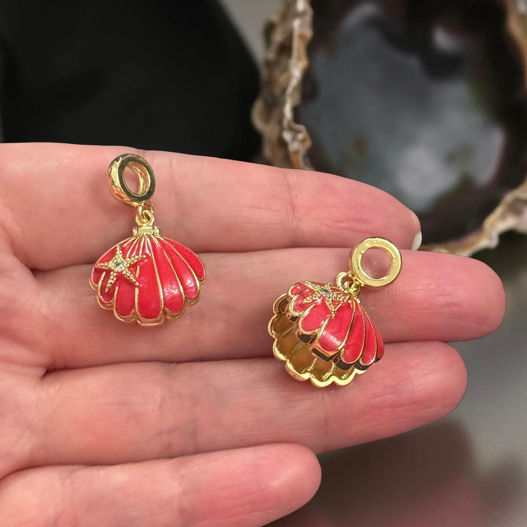 Gold Enamel Locket Shell Pendant with CZ Starfish – Vibrant Red
