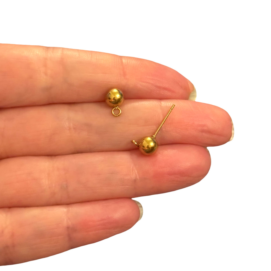Waterproof 24Kt PVD Gold Plated 316L Stainless Steel 6mm Ball Stud Earring Posts With Loop – Hypoallergenic, 1 Pair