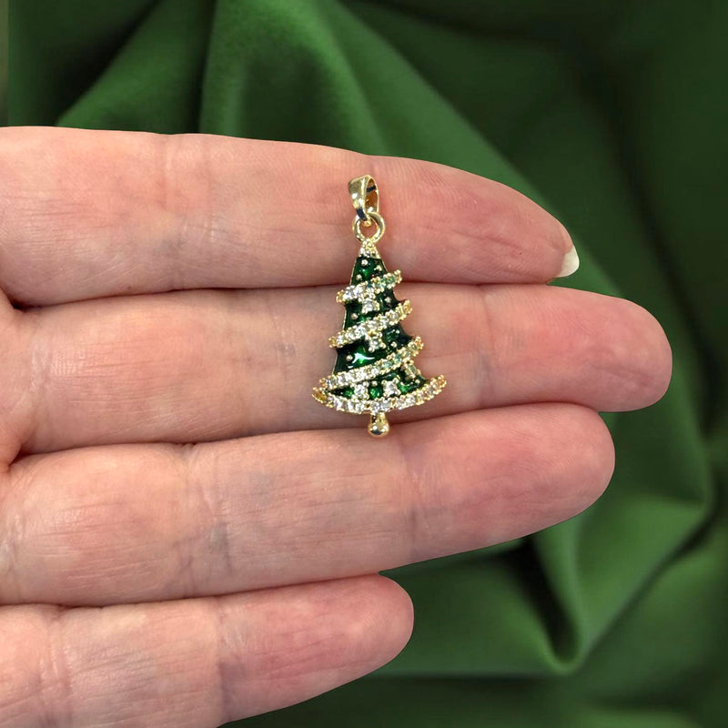 Waterproof Stainless Steel 24Kt Gold Plated Christmas Tree Pendant with CZ – 27x14mm