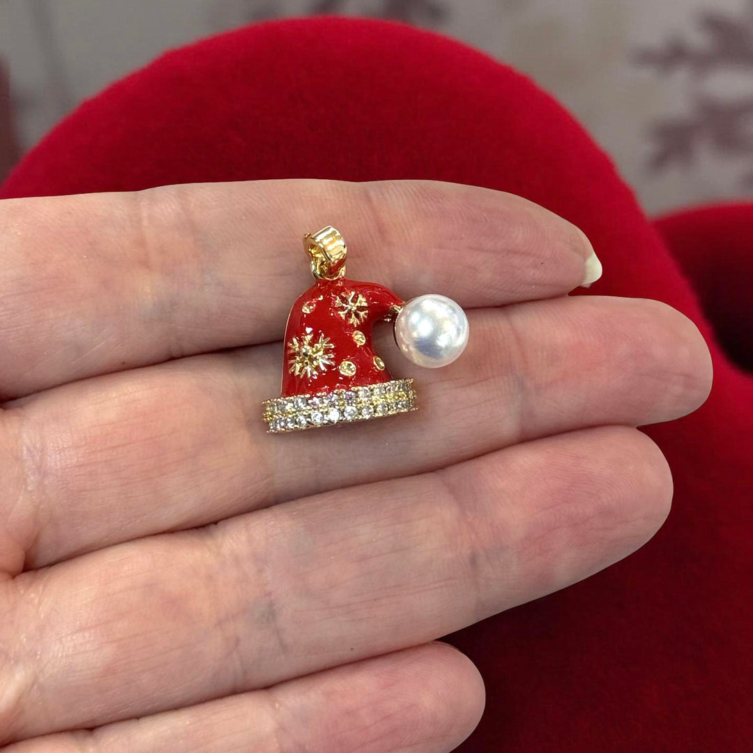 Waterproof Stainless Steel 24Kt Gold Plated Santa Hat Pendant with CZ &amp; Pearl – 21x20mm