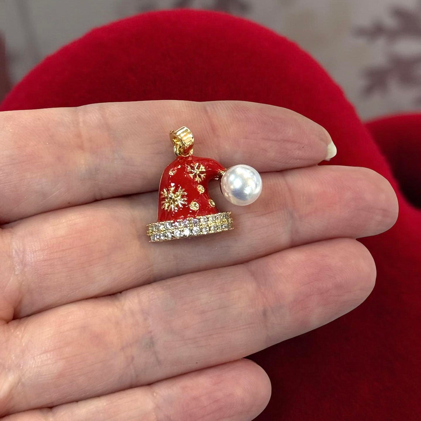 Waterproof Stainless Steel 24Kt Gold Plated Santa Hat Pendant with CZ & Pearl – 21x20mm