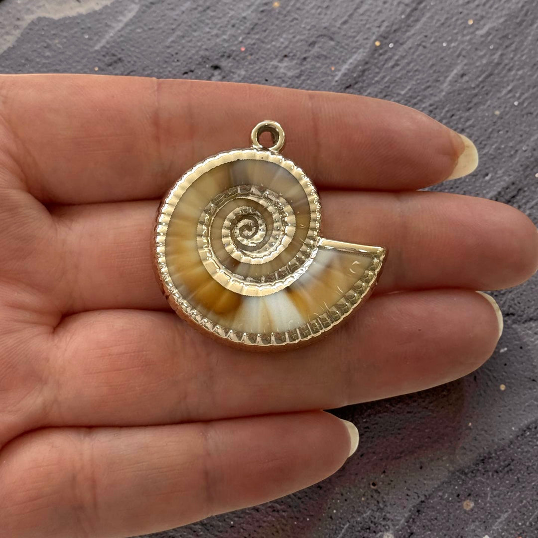 24Kt Gold Plated Spiral Shell Pendant, Nautilus Shell Charm, 3D Sea Shell Pendant, Gold Edge Ocean Charm 34mm