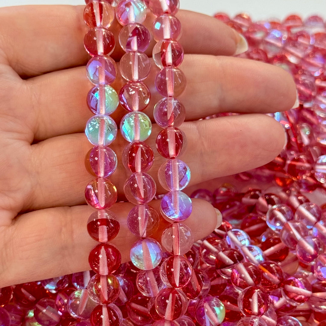 Aurora Borealis Red Mermaid Beads – Iridescent Hydrothermal Quartz Round Beads 8mm, Approx 47 Beads per Strand