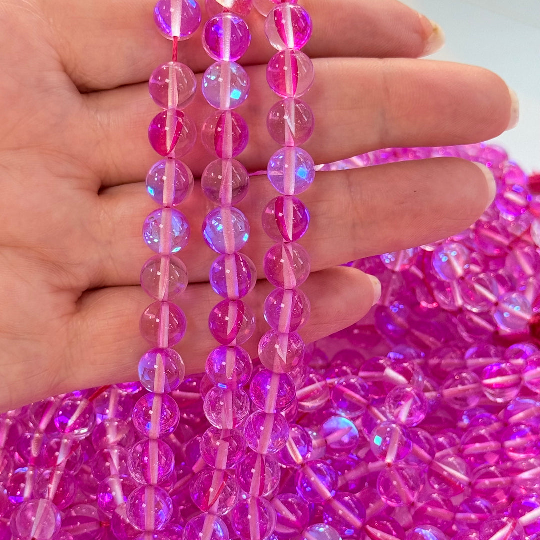 Aurora Borealis Fuchsia Mermaid Beads – Iridescent Hydrothermal Quartz Round Beads 8mm, Approx 47 Beads per Strand