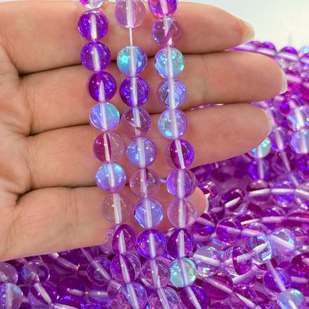 Aurora Borealis Purple Mermaid Beads – Iridescent Hydrothermal Quartz Round Beads 8mm, Approx 47 Beads per Strand
