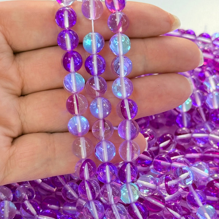 Aurora Borealis Purple Mermaid Beads – Iridescent Hydrothermal Quartz Round Beads 8mm, Approx 47 Beads per Strand