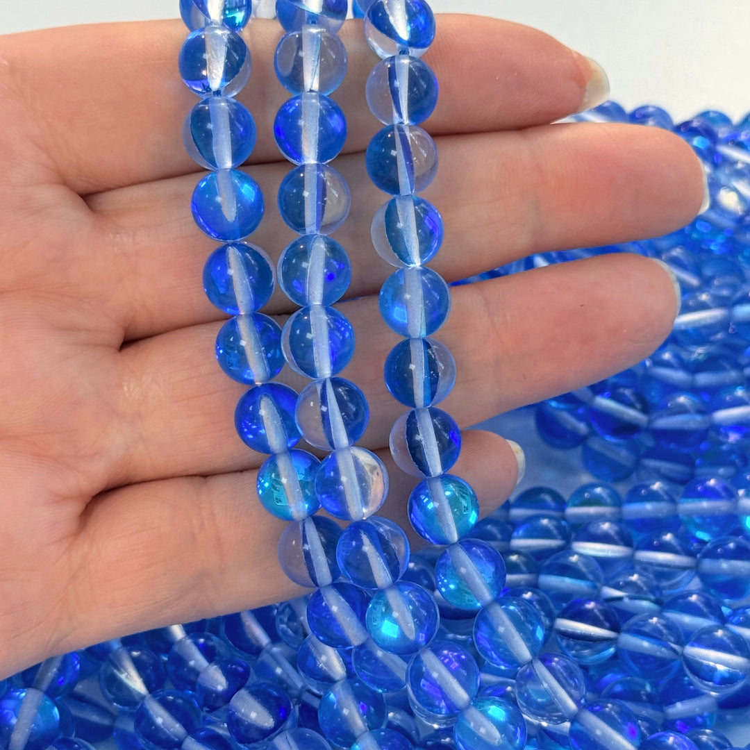 Aurora Borealis Blue Mermaid Beads – Iridescent Hydrothermal Quartz Round Beads 8mm, Approx 47 Beads per Strand