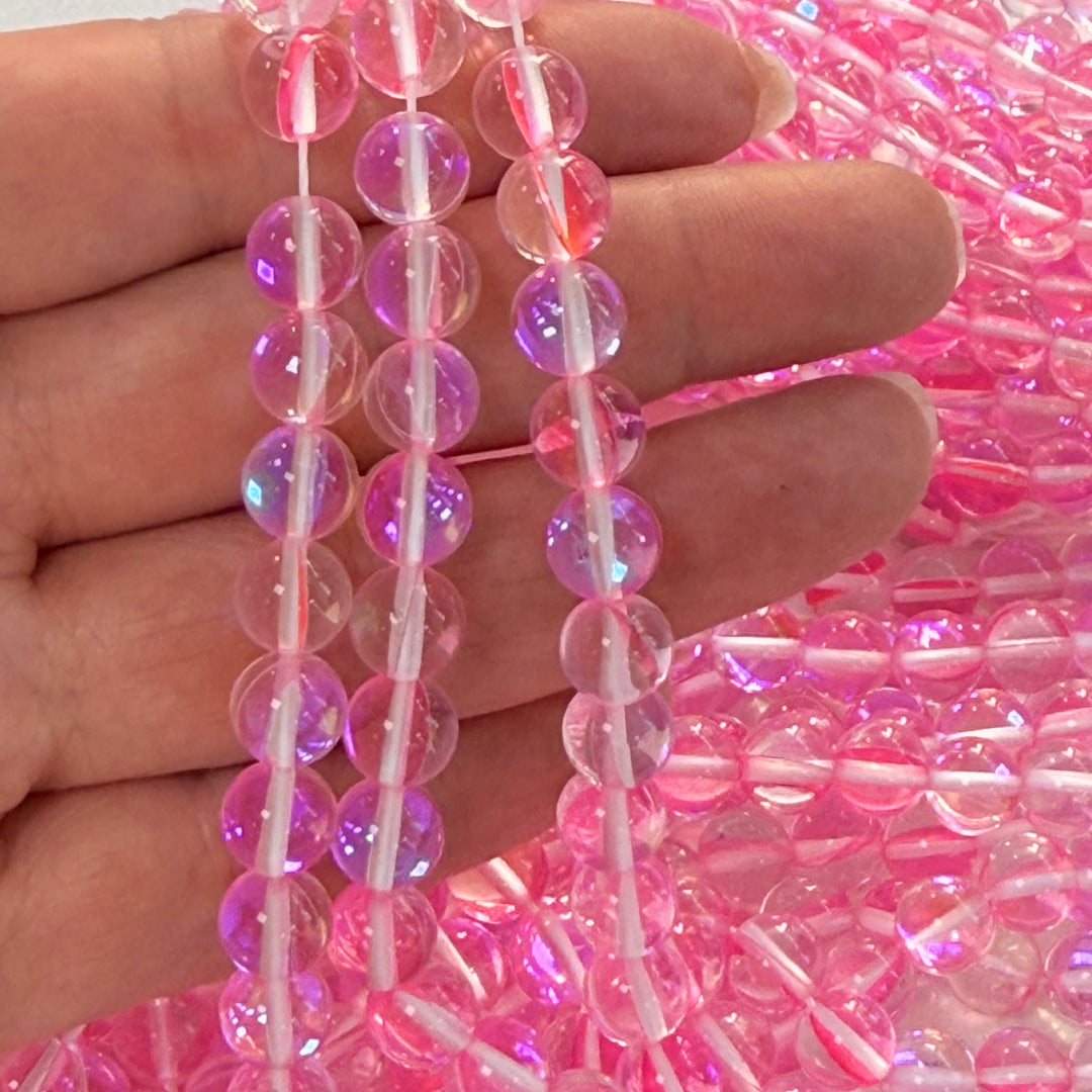 Aurora Borealis Light Pink Mermaid Beads – Iridescent Hydrothermal Quartz Round Beads 8mm, Approx 47 Beads per Strand