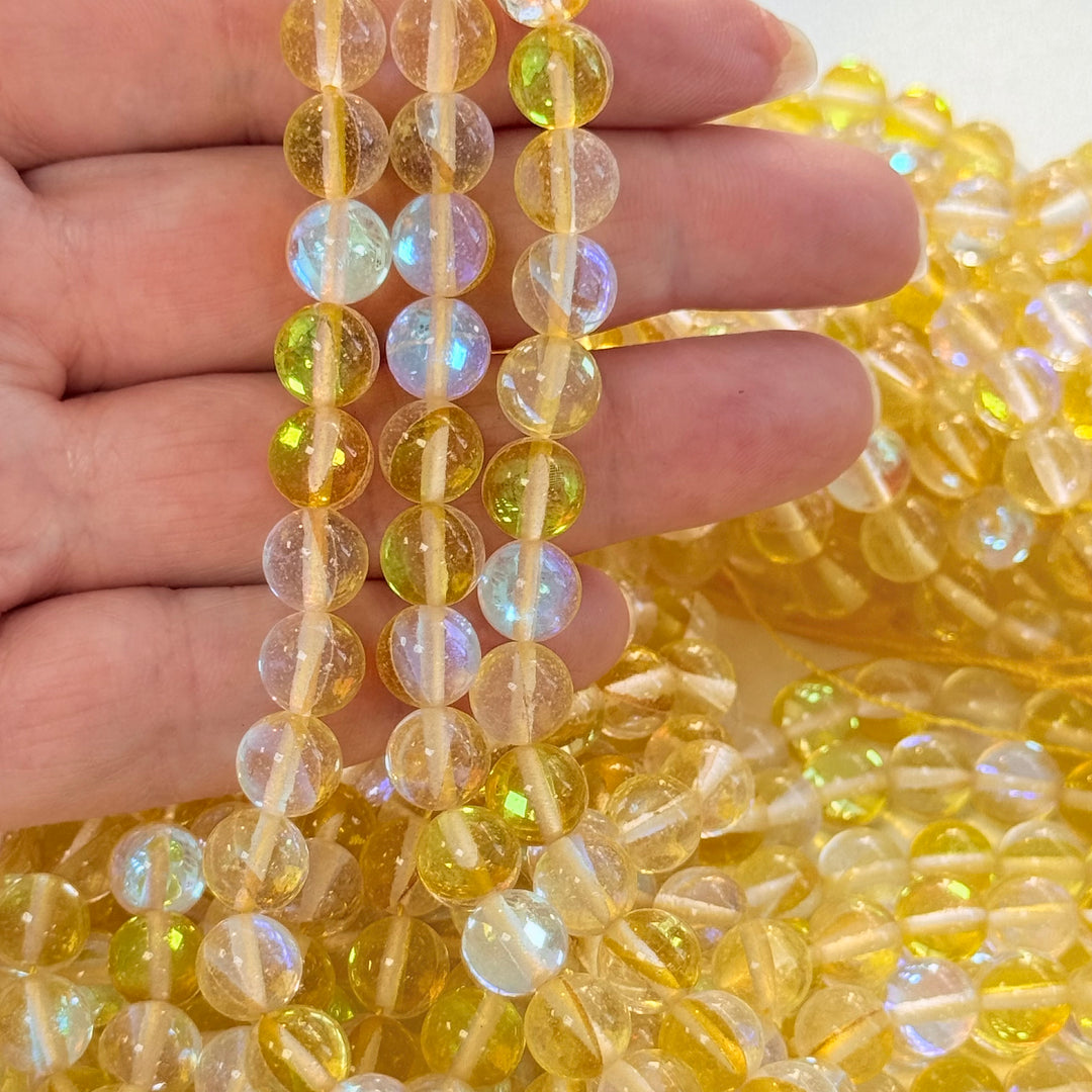 Aurora Borealis Yellow Mermaid Beads – Iridescent Hydrothermal Quartz Round Beads 8mm, Approx 47 Beads per Strand
