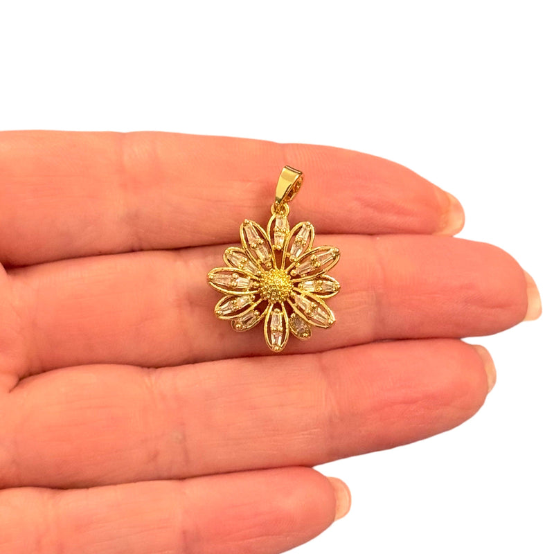 CZ Baguette Flower Charm Waterproof 24Kt Gold Plated Stainless Steel CZ Pendant With Attached Bail
