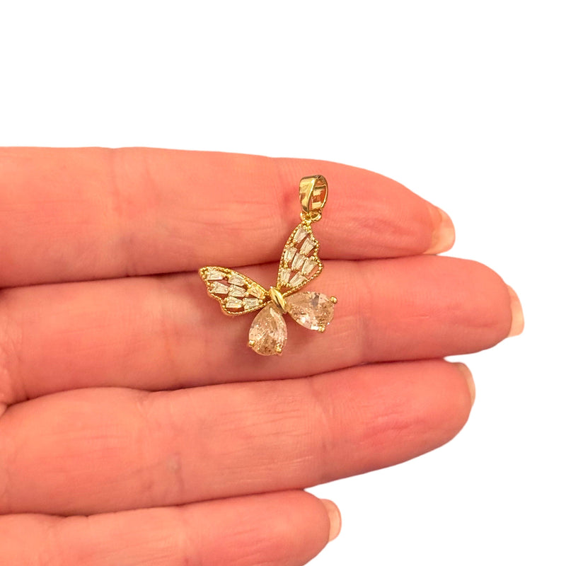 CZ Butterfly Charm Waterproof 24Kt Gold Plated Stainless Steel CZ Pendant With Attached Bail