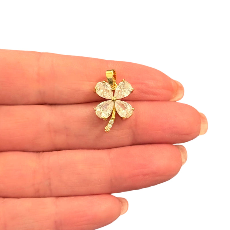 CZ 4-Leaf Clover Charm Waterproof 24Kt Gold Plated Stainless Steel CZ Pendant