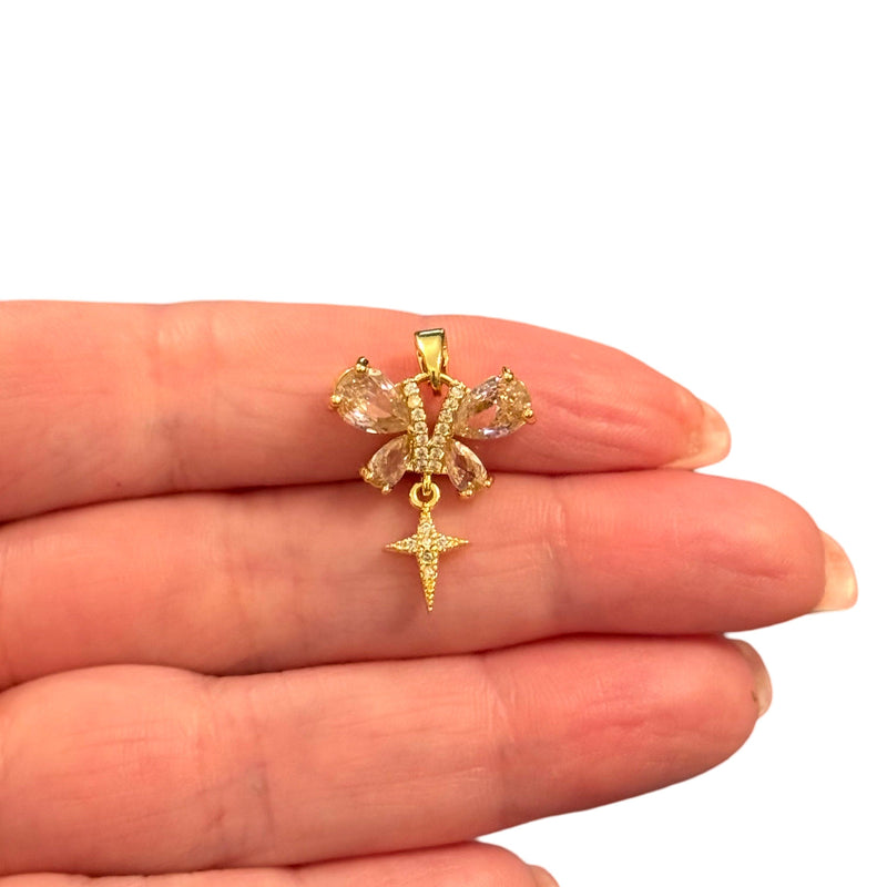 CZ Starry Bee Charm Waterproof 24Kt Gold Plated Stainless Steel CZ Pendant