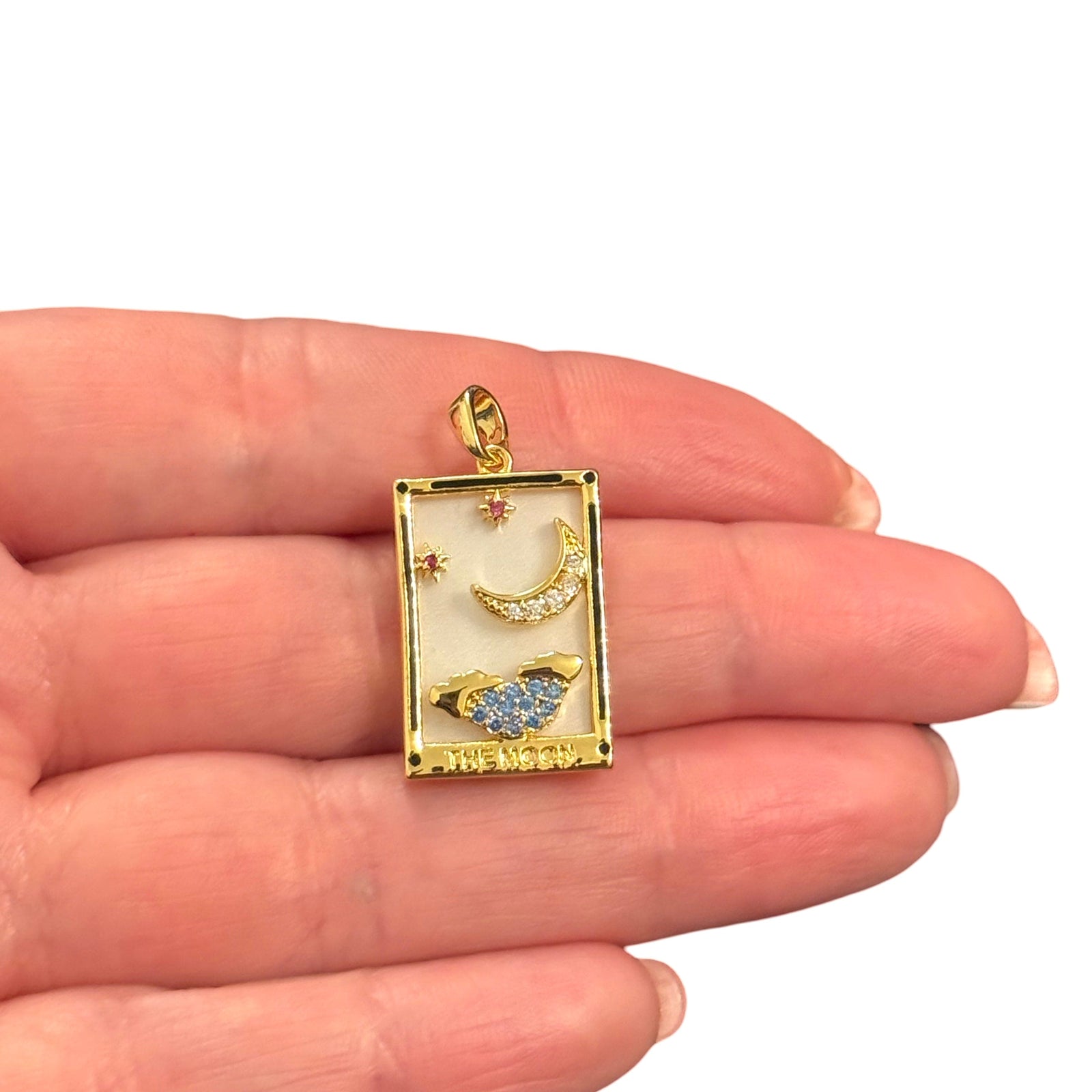 The Moon Tarot Pendant Waterproof 24Kt Gold Plated Stainless Steel CZ Pendant With Attached Bail