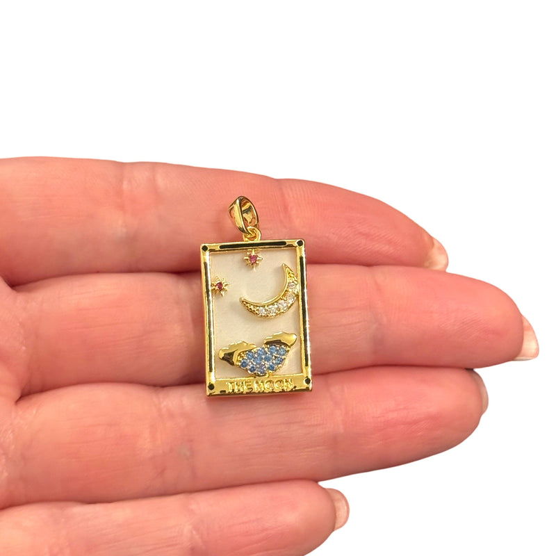 The Moon Tarot Pendant Waterproof 24Kt Gold Plated Stainless Steel CZ Pendant With Attached Bail