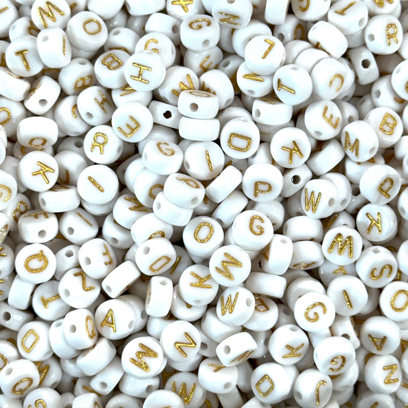 Acrylic flat round white with gold letters beads for jewellery making, 500pcs pack
