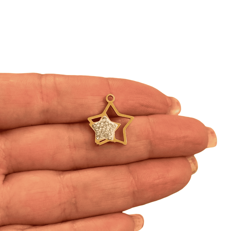 Waterproof Stainless Steel Gold Star Charm with CZ Accents