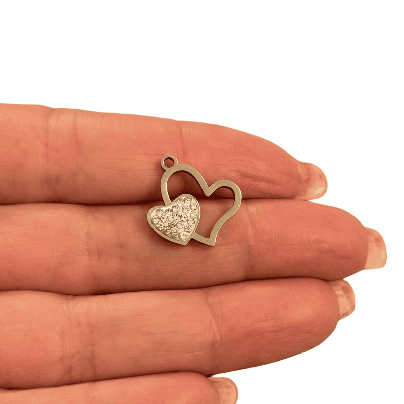 Waterproof Stainless Steel Double Heart CZ Charm
