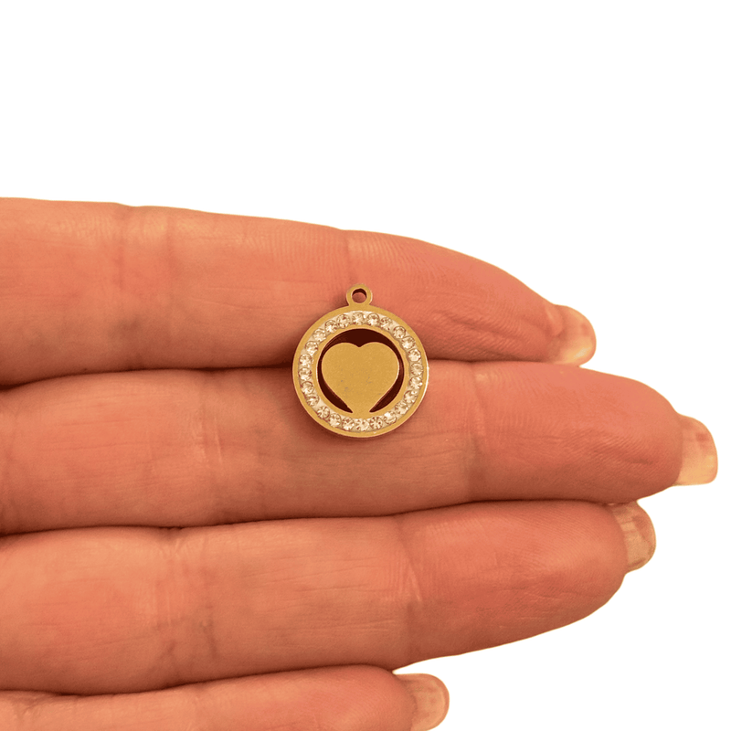 Waterproof Stainless Steel Gold Heart Charm with CZ Border
