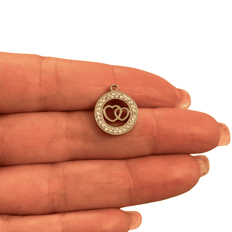 Waterproof Stainless Steel Interlocking Hearts Charm with CZ Border