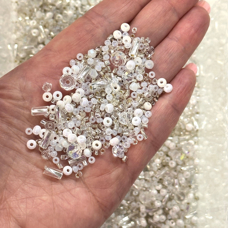 Frosty Snowflake Elegance Bead Mix (100g Pack) - Crystal Rondelle, Bicone Beads, Seed Beads, and Bugle Beads