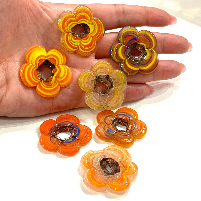 Artisan Handmade Chunky Marbled Glass Flower Beads, Size Between 35 - 40mm, 5 pcs in a pack