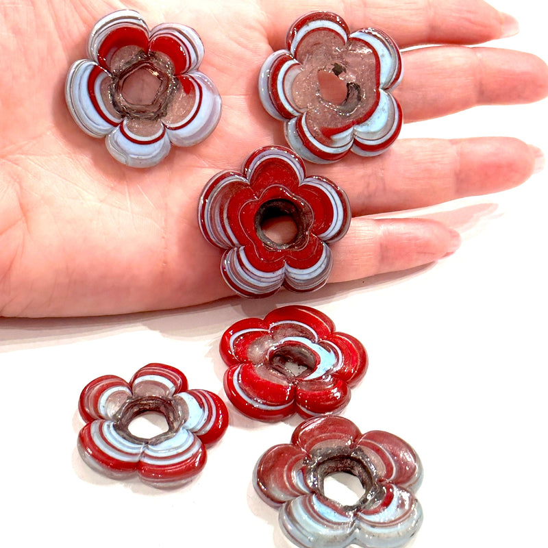 Artisan Handmade Chunky Marbled Glass Flower Beads, Size Between 35 - 40mm, 5 pcs in a pack